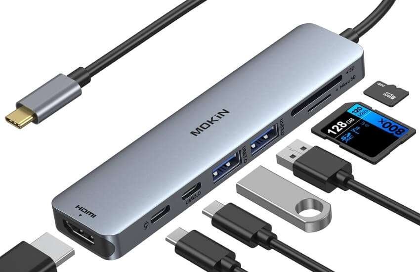 7-in-1 USB C multiport adapter hub with 4K HDMI output.