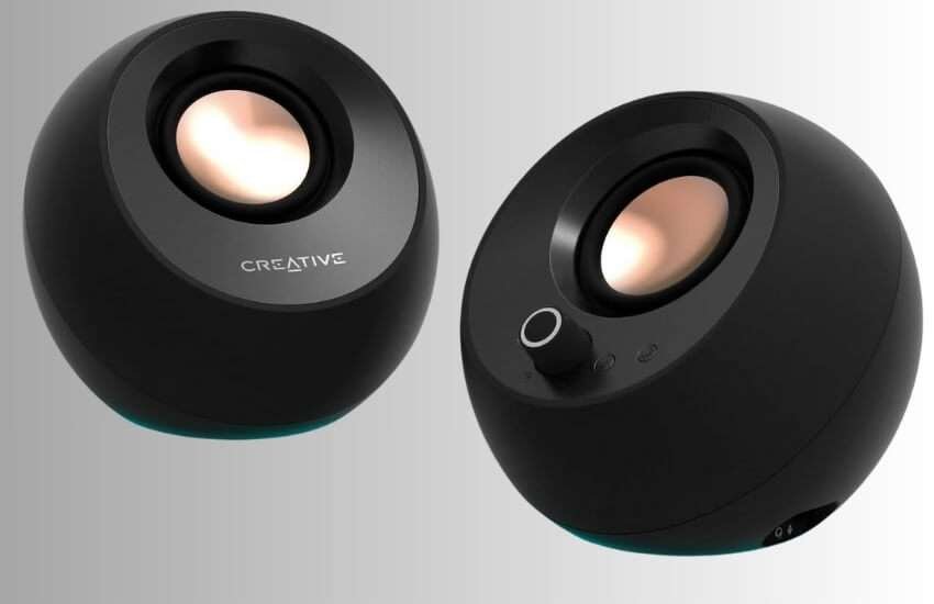 Creative Pebble Pro minimalist 2.0 USB-C desktop speakers with RGB lighting.
