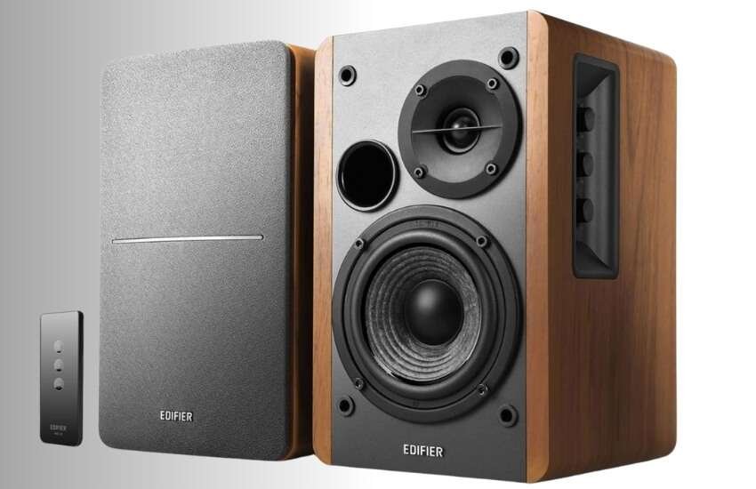 Edifier R1280T powered bookshelf speakers with wood grain finish.