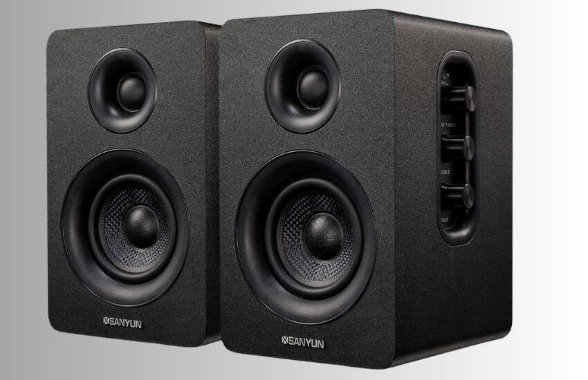 Sanyun SW208 3-inch active Bluetooth 5.0 bookshelf speakers for gaming and desktop audio.