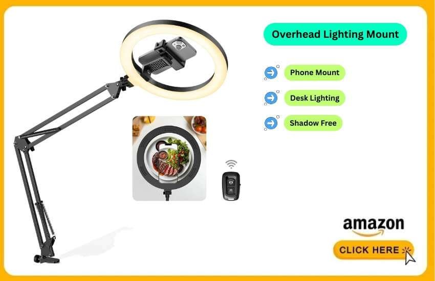 Smart overhead lamp provides even lighting for phone shots.