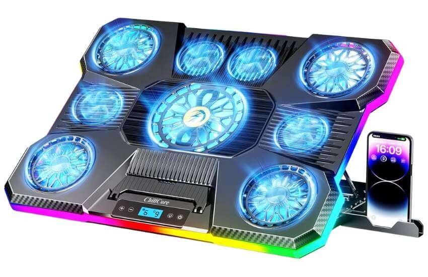 ChillCore A21 blue laptop cooling pad with RGB lighting effects.
