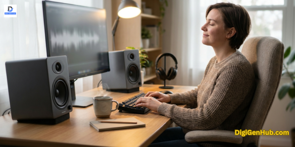 computer speakers on desk delivering clear balanced sound in modern workspace with immersive listening setup