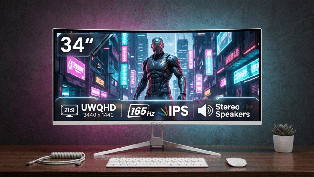 CRUA 34 inch white curved gaming monitor with vivid display and premium white finish on clean surface