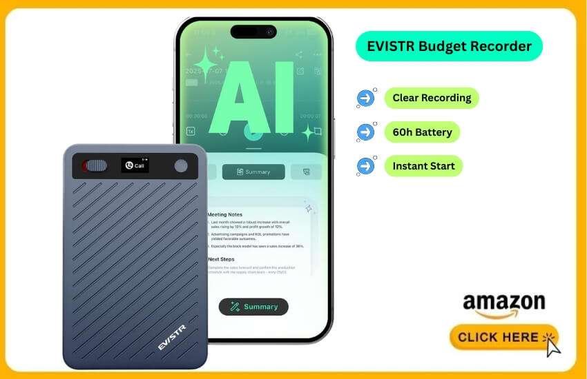 EVISTR recorder offers long battery life with clear audio.