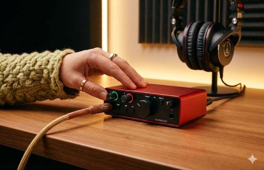 Focusrite Scarlett Solo 4th Gen USB audio interface for recording vocals.