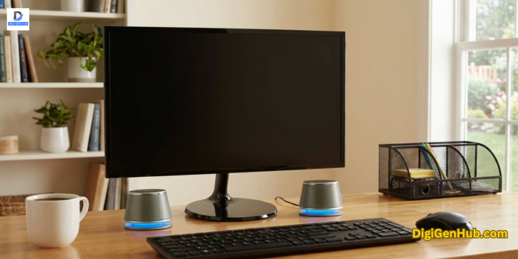 Compact high-fidelity computer speakers with sleek modern design for desktop audio systems.