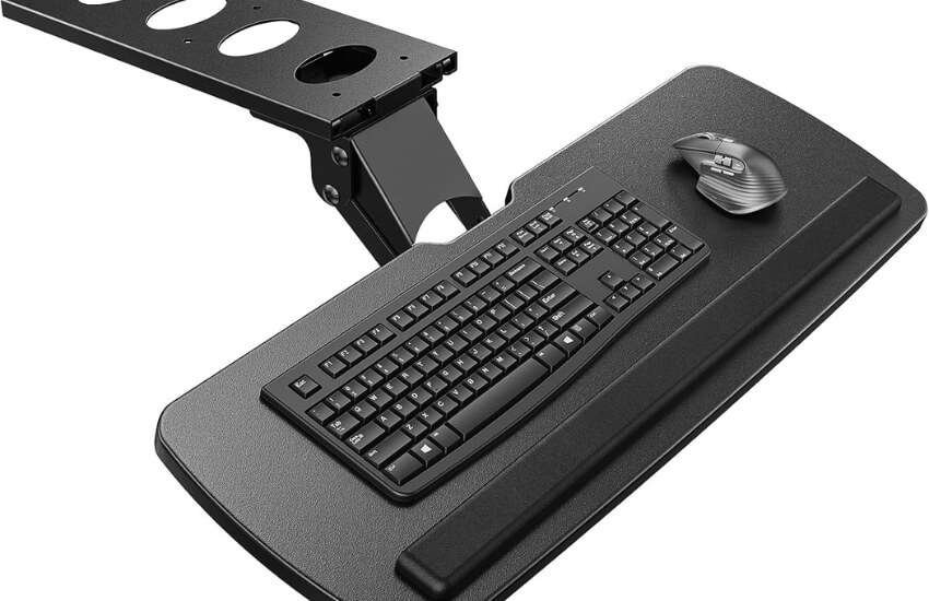 HUANUO adjustable under desk keyboard tray with 360 degree rotation.