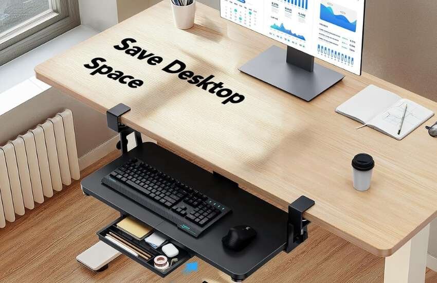 HUANUO space saving under desk keyboard tray with C-clamp mount.