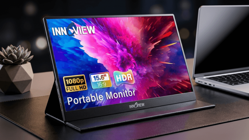 InnoView 15.6 inch portable monitor with vivid sharp display standing slim on a modern wooden table