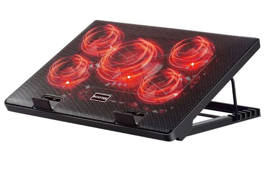 Kootek five fan laptop cooler with adjustable ergonomic stand mount.
