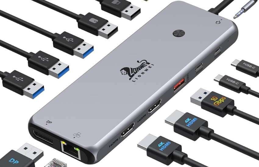 LIONWEI 13-in-1 USB C dual monitor laptop docking station hub.