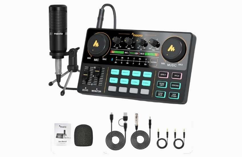 MAONO MaonoCaster Lite AU-AM200-S1 portable audio interface bundle for streaming and podcasting.