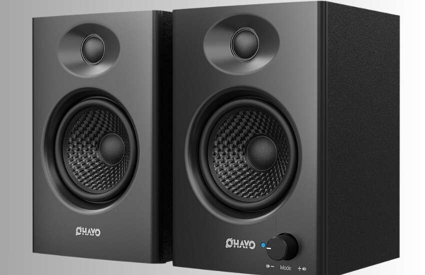 OHAYO 60W powered computer bookshelf speakers with Bluetooth 5.3 and wooden housing.