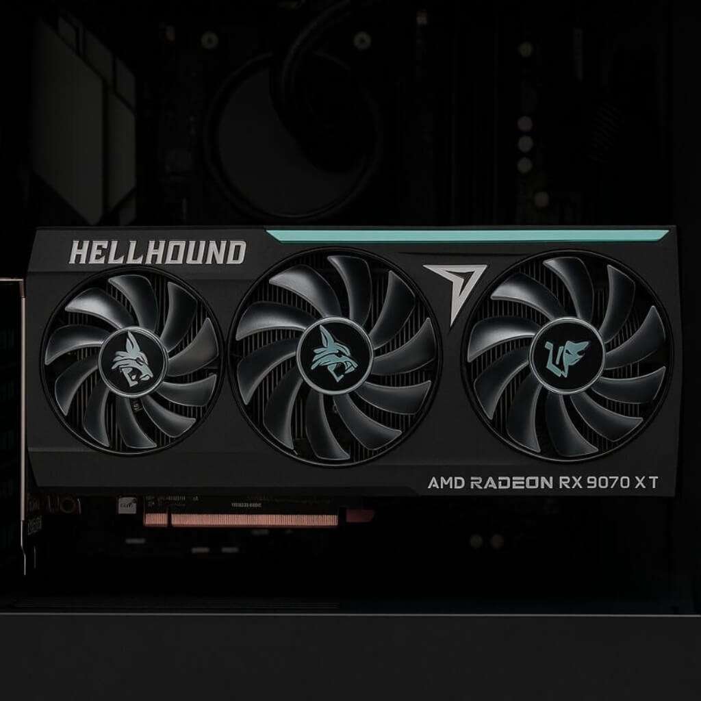 PowerColor Hellhound Radeon RX 9070 XT graphics card with triple fan cooling design