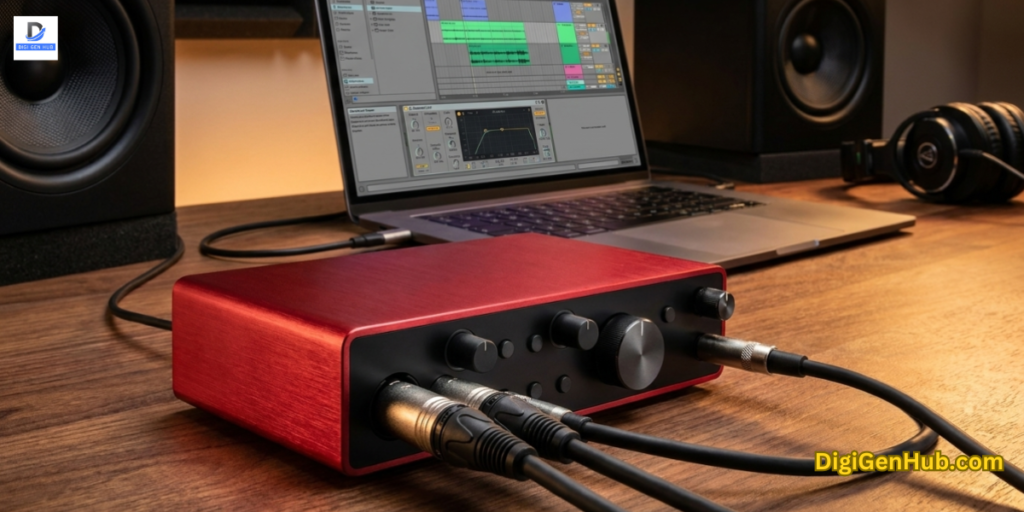 High-quality USB audio interface with gain knobs and inputs for studio recording.