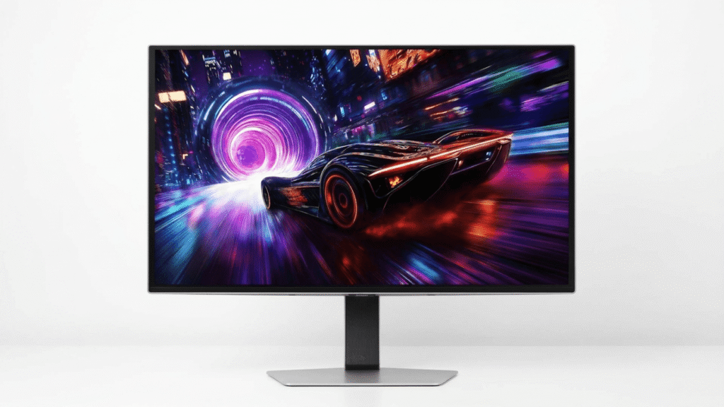 Samsung 32 inch Odyssey QD-OLED G8 monitor glowing with vibrant colors on a premium dark desk