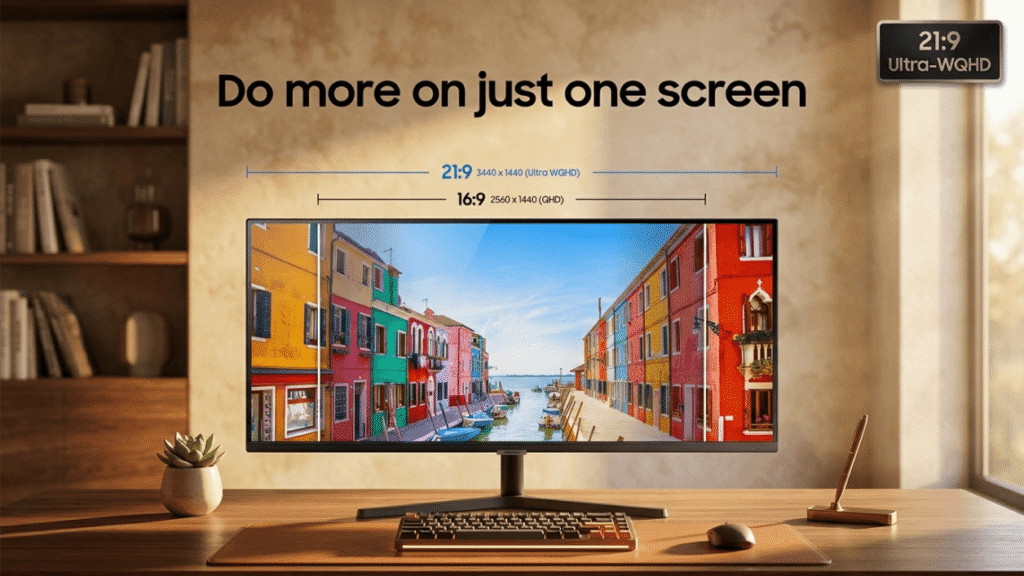 Samsung 34 inch ViewFinity S50GC ultrawide monitor displaying vivid sharp colors on a clean white surface