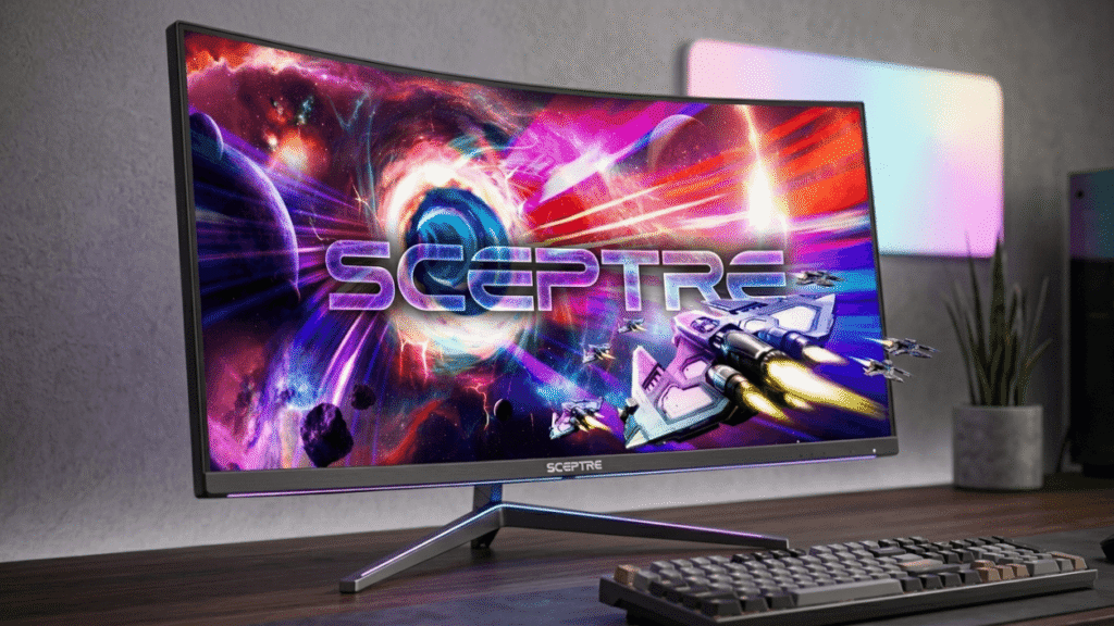 Sceptre 34 inch curved ultrawide monitor glowing with immersive cinematic visuals on dark matte surface