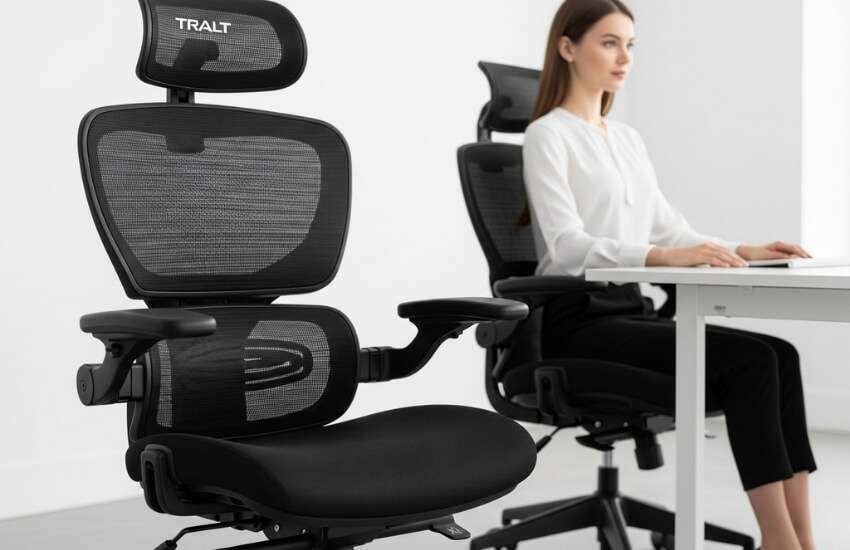 TRALT ergonomic office chair with high back, mesh seat, and adjustable lumbar support.