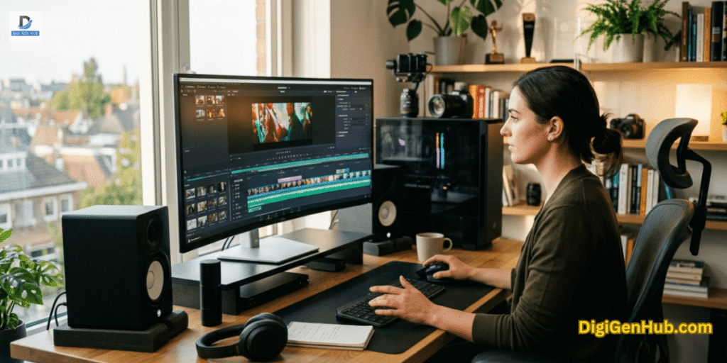 Professional video editor using an ultrawide curved monitor for editing cinematic footage