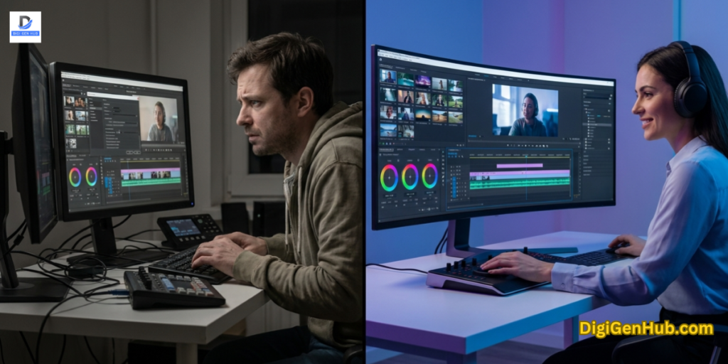 ultrawide monitor improves video editing timeline workspace efficiency