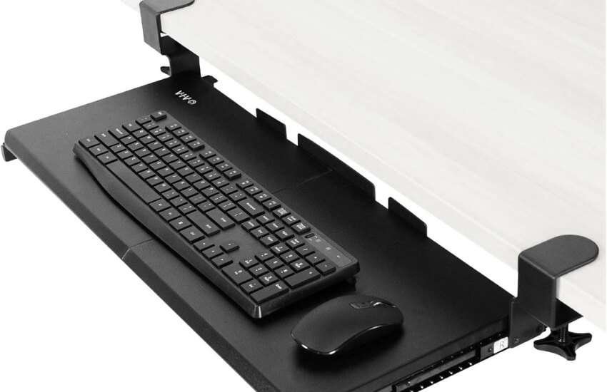 VIVO large ergonomic under desk keyboard tray with C-clamp mount.