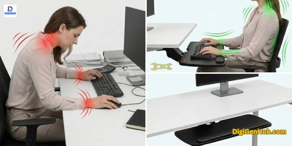 Ergonomic under desk keyboard tray improving posture and workspace organization for comfort.