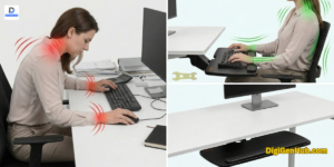 Ergonomic under desk keyboard tray improving posture and workspace organization for comfort.