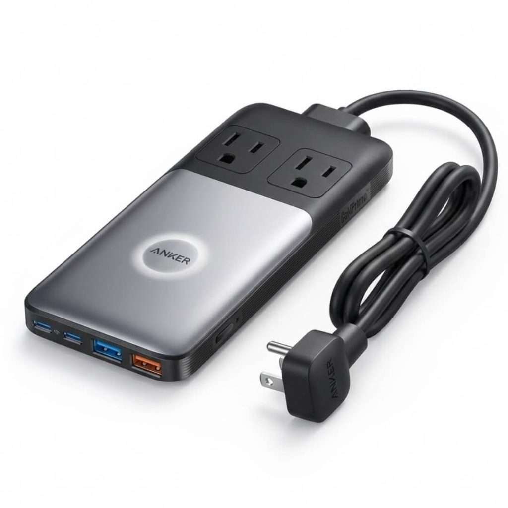 Anker 332 USB power strip featuring 2 AC outlets and 3 USB high-speed charging ports in a compact design for travel and home use.