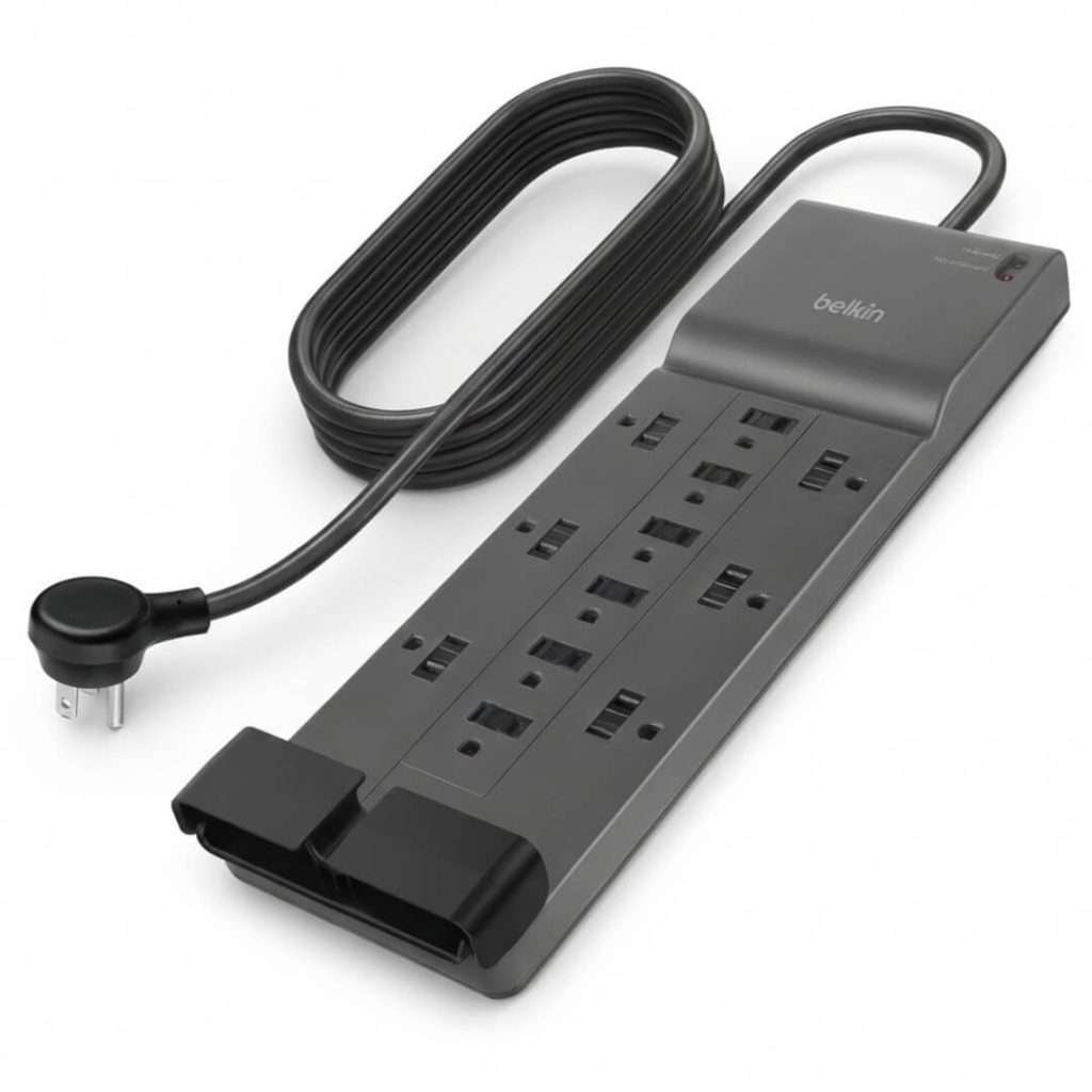 Belkin 12-outlet Pivot-Plug surge protector power strip with rotating outlets and 8ft heavy-duty cord for home office and electronics protection.
