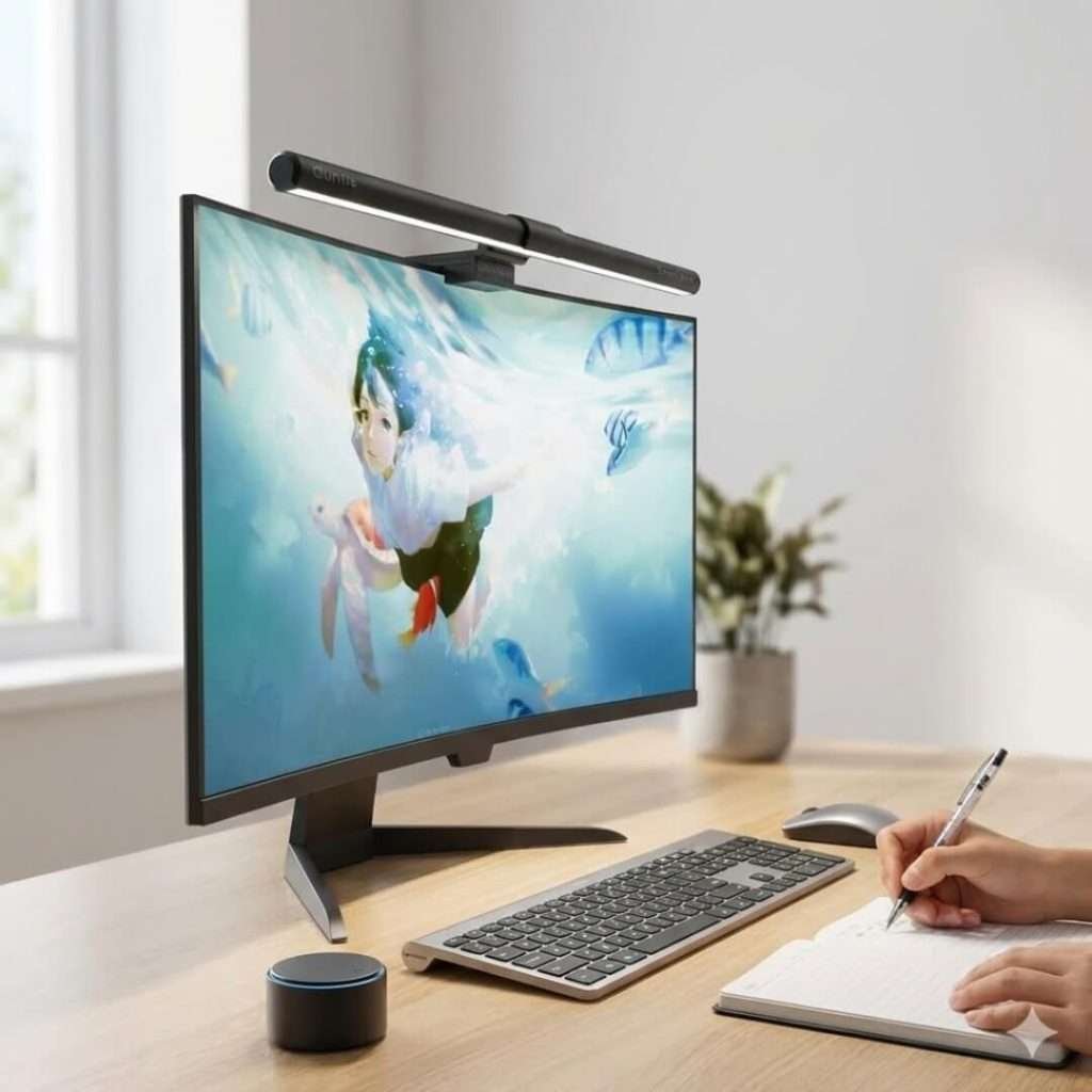 BenQ ScreenBar Halo LED monitor light bar with wireless controller and rear ambient light for glare-free eye care.