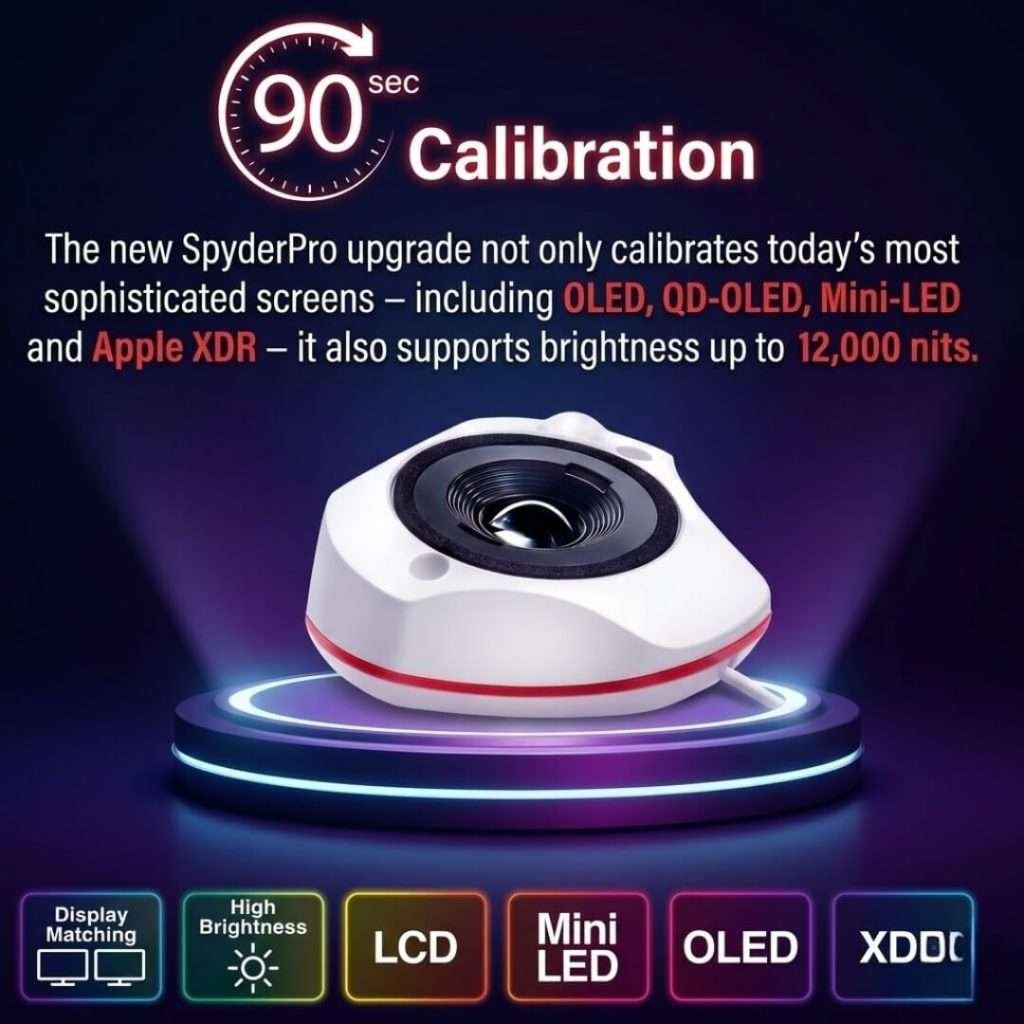 Datacolor Spyder X2 Ultra color calibration tool with lens-based sensor and counterweight for high-brightness HDR monitor color accuracy.