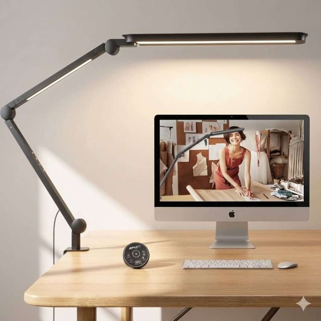 EppieBasic 24W ultra-wide LED desk lamp with clamp mount and auto-dimming feature for dual monitor setups.