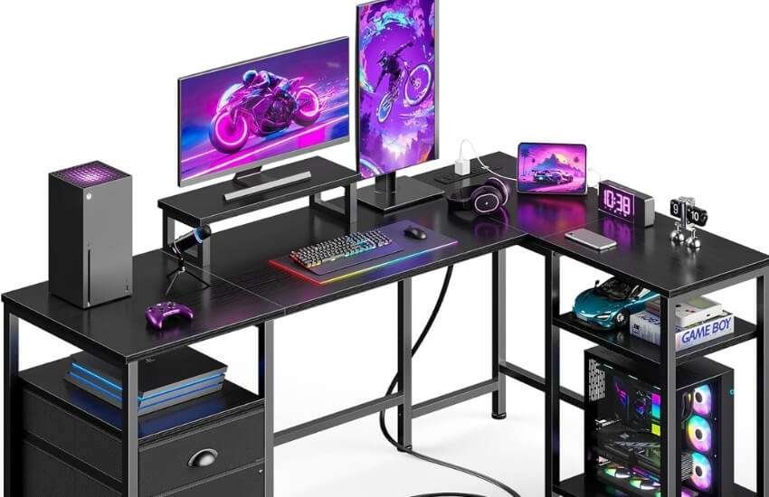 Furologee 50-inch L-shaped computer desk with reversible storage shelves and monitor stand for corner spaces.