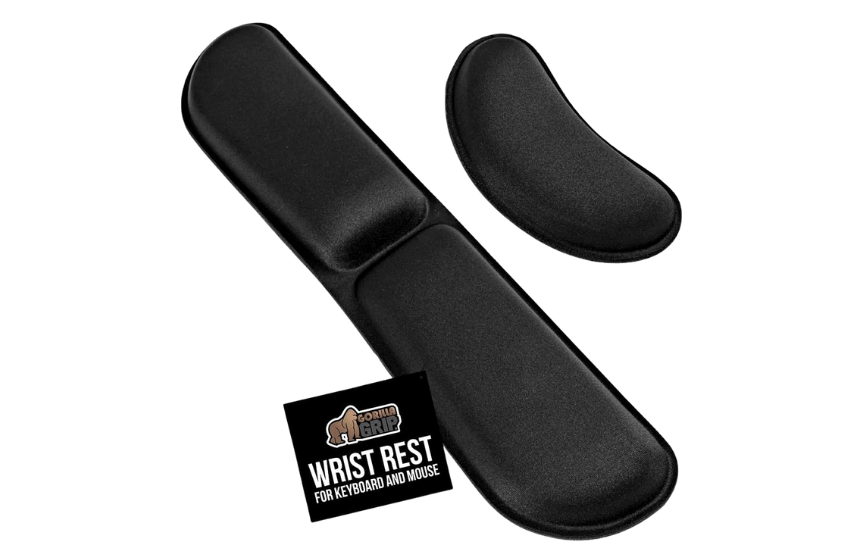 Gorilla Grip silky memory foam wrist rest for keyboards and mice with non-slip rubber base for ergonomic support.