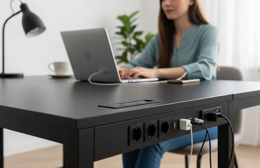 Huuger 47-inch computer desk with built-in power outlets and monitor stand for home office.