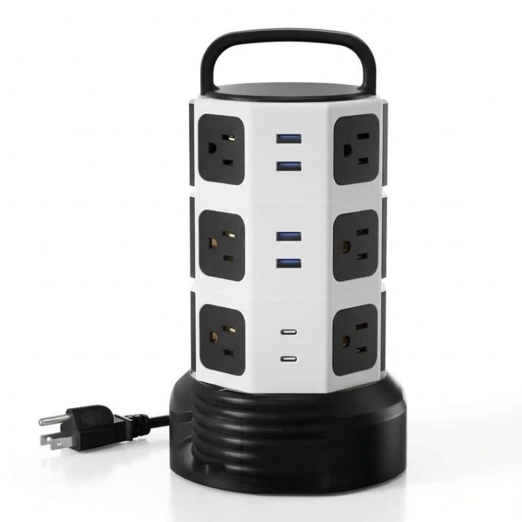 JACKYLED power strip tower with vertical design, multiple AC outlets, and USB charging ports for space-saving cable management.