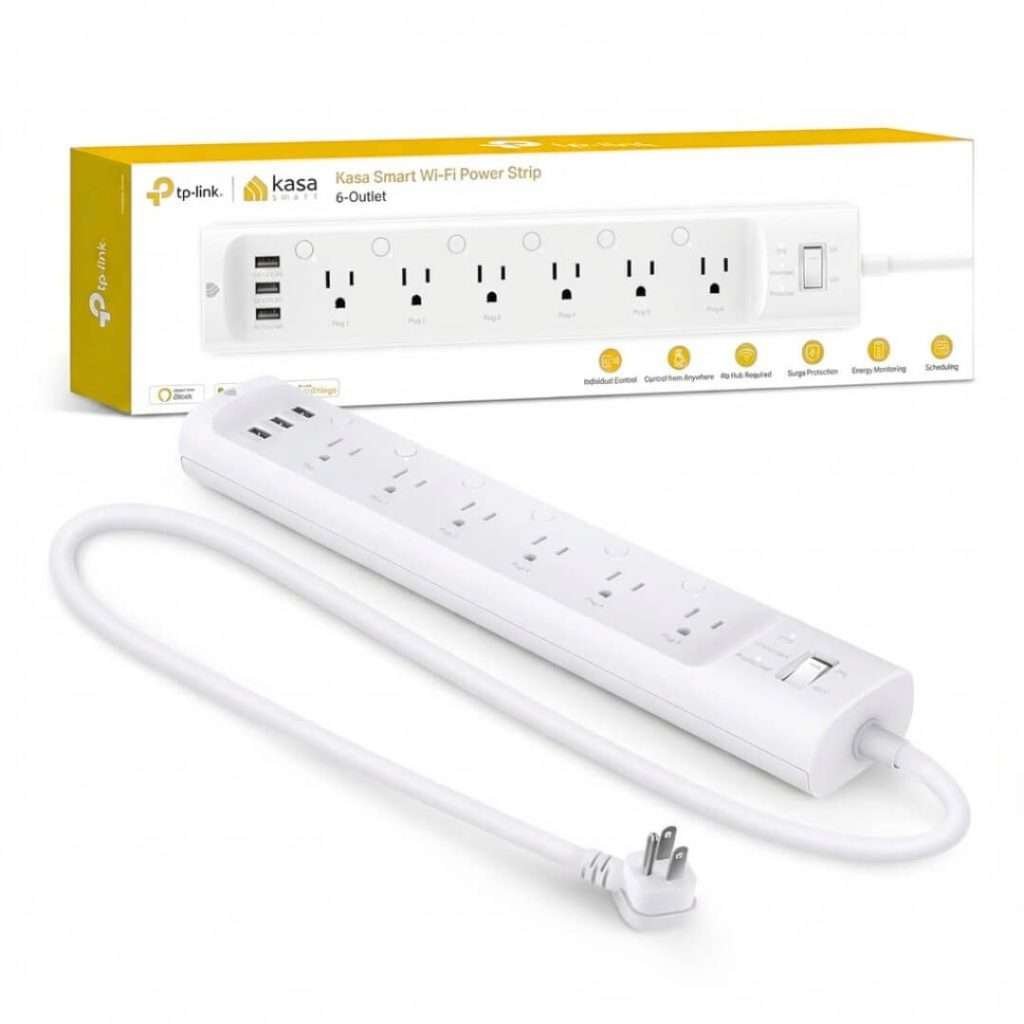 Kasa Smart Plug Power Strip HS300 with 6 individually controlled smart outlets, 3 USB ports, and energy monitoring for smart home automation.