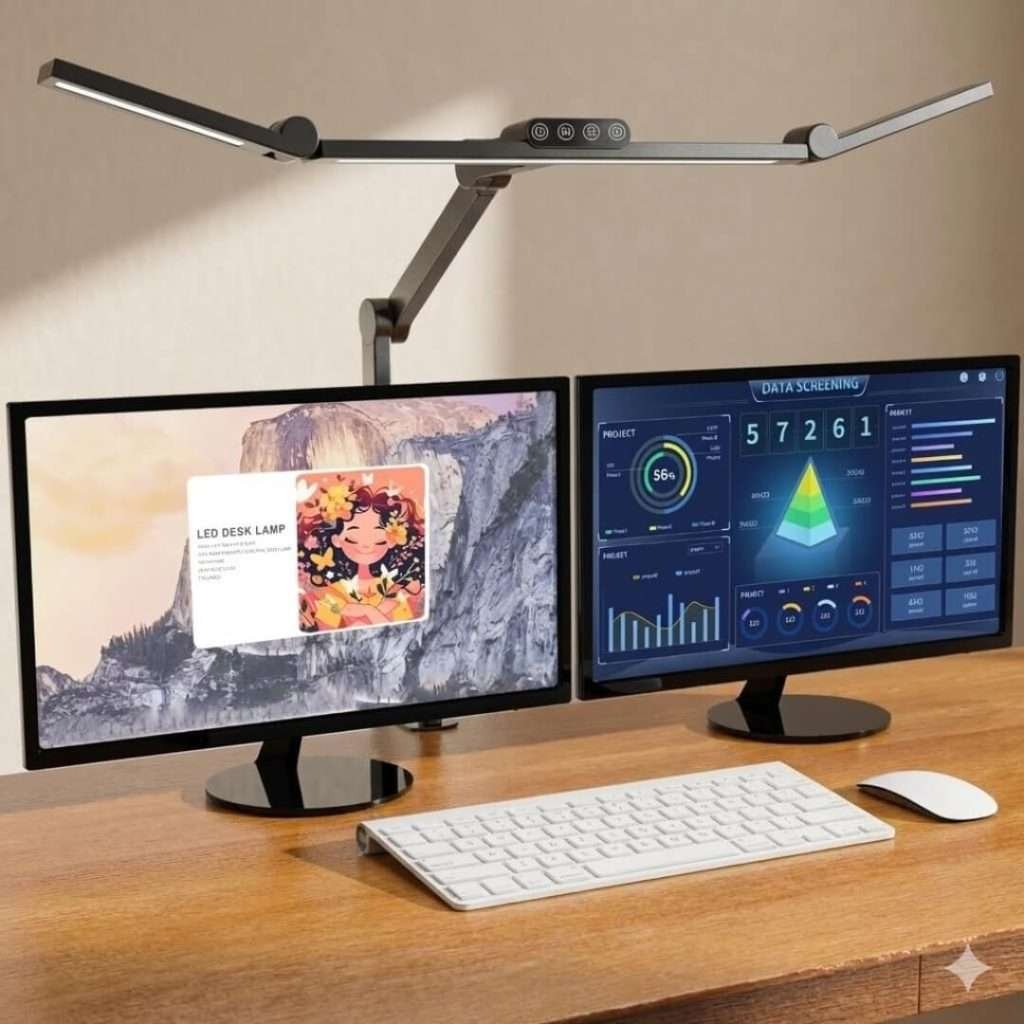 Micomlan 24W dual-head architect desk lamp with clamp and adjustable swing arm for wide lighting coverage over dual monitors.