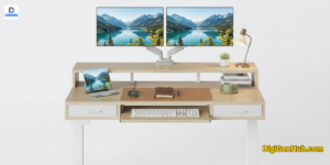Modern ergonomic desk for computers featuring a spacious wooden surface and sturdy frame.
