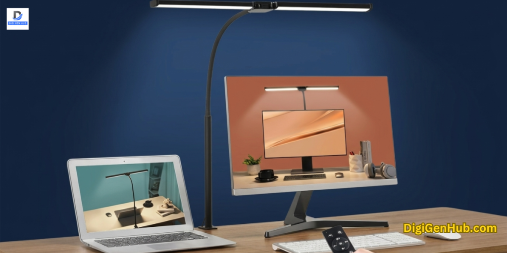 Modern LED office desk lamp illuminating a professional workspace with adjustable brightness.