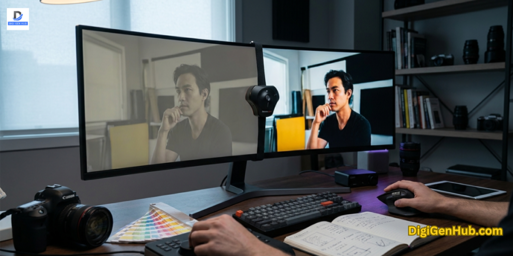monitor calibration setup showing difference between inaccurate and accurate screen colors with professional editing workspace