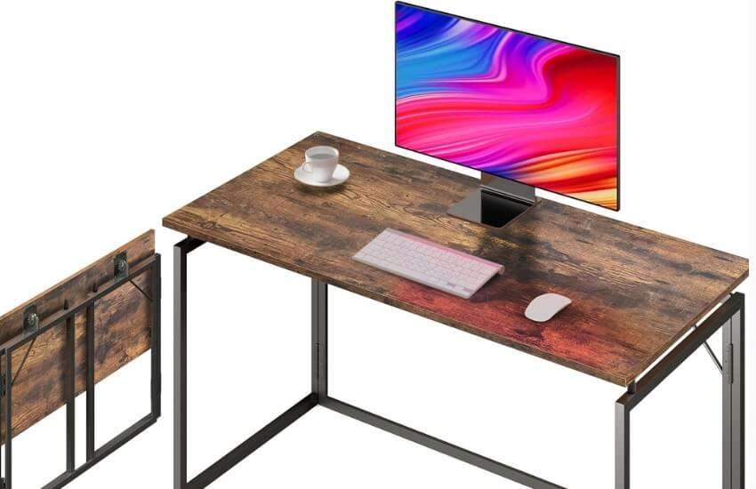 31.5-inch small folding desk with wood top and metal frame for space-saving home offices.