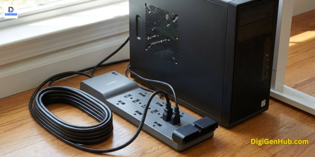 Black surge protector power strip with multiple AC outlets and USB charging ports.