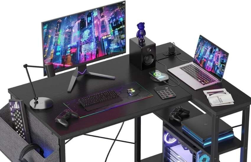 TIQLAB 40-inch small L-shaped computer gaming corner desk designed for compact spaces and home offices.