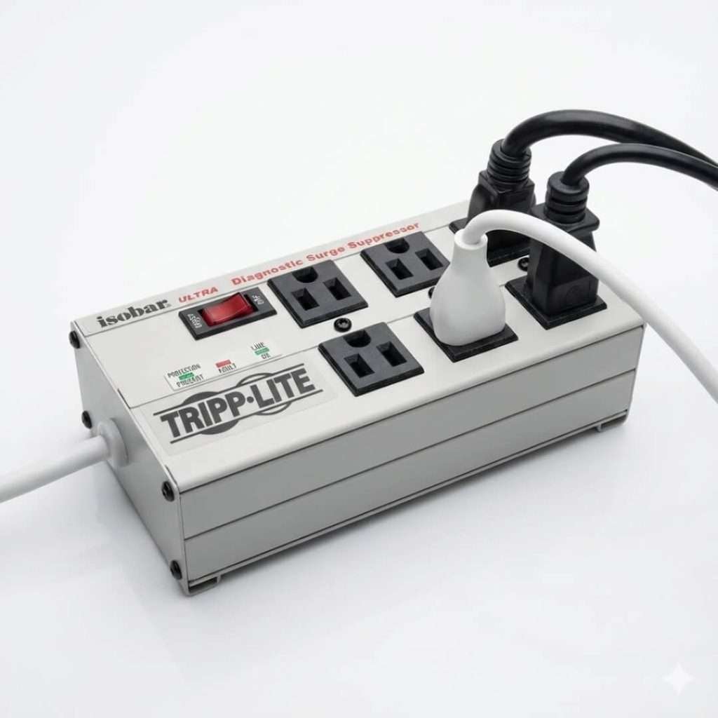 Tripp Lite Isobar 6-outlet surge protector with durable metal housing and premium noise filtering for sensitive electronics protection.