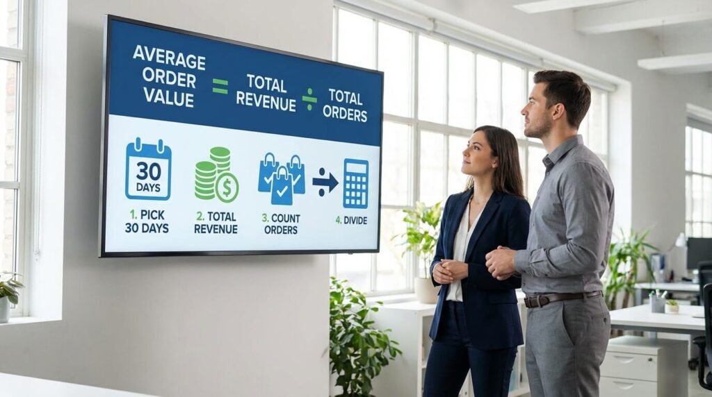 Average order value formula showing revenue divided by total orders