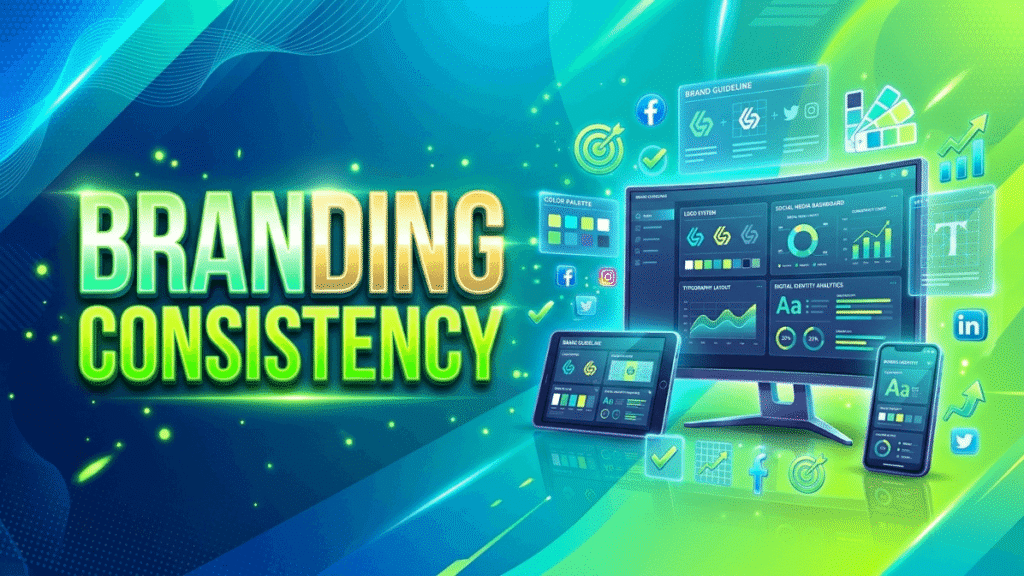 Branding consistency illustration with digital brand management dashboard and neon green marketing design