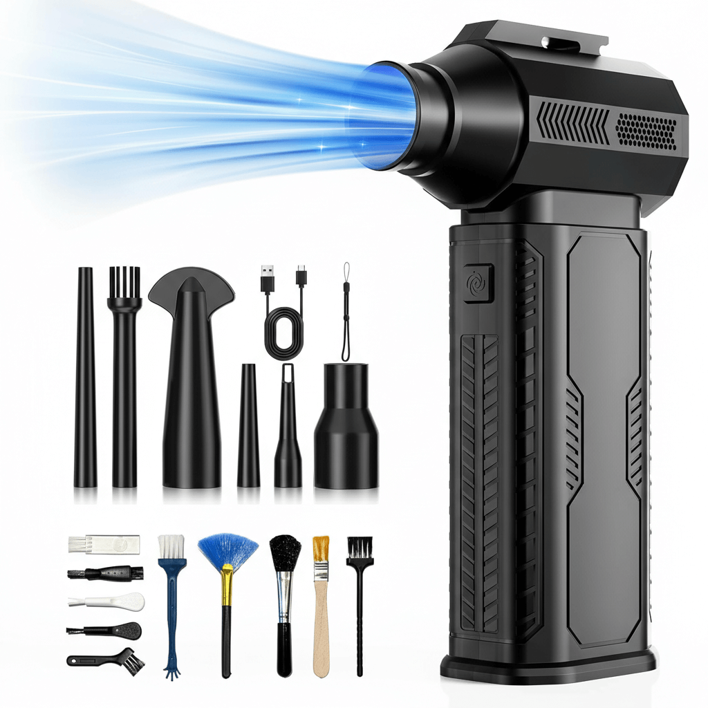 Rechargeable compressed air duster with 8000mAh battery and 130000 RPM motor for cleaning keyboards electronics and office equipment